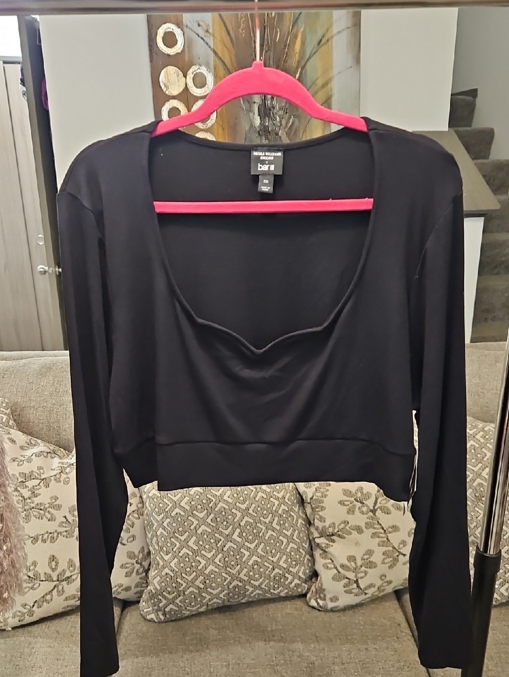 Bar III Black Long-Sleeve Cropped Scoop-Neck Top